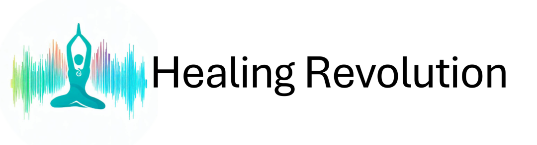 Large logo of Healing Revolution showing a silhouette of a person in a seated yoga pose surrounded on both sides by waves of colourful energy.