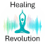 Logo of Healing Revolution showing a silhouette of a person in a seated yoga pose surrounded on both sides by waves of colourful energy.